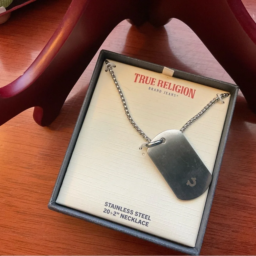 True Religion Stainless Steel Buddha Dog Tag Necklace #YC
